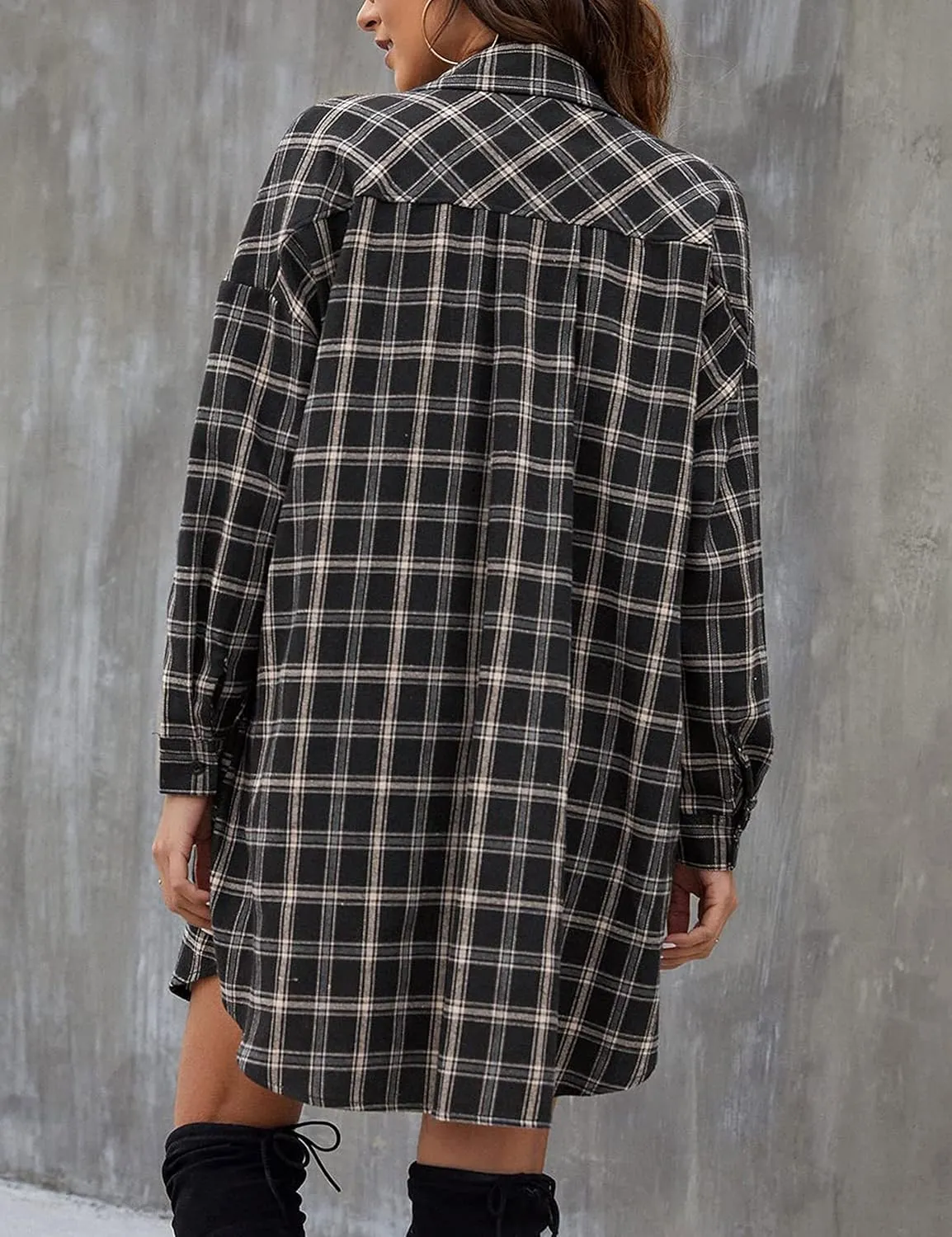 Bozanly Women's Oversized Button Down Long Plaid Flannel Shirts Lapel Long Sleeve Check Jacket Shacket
