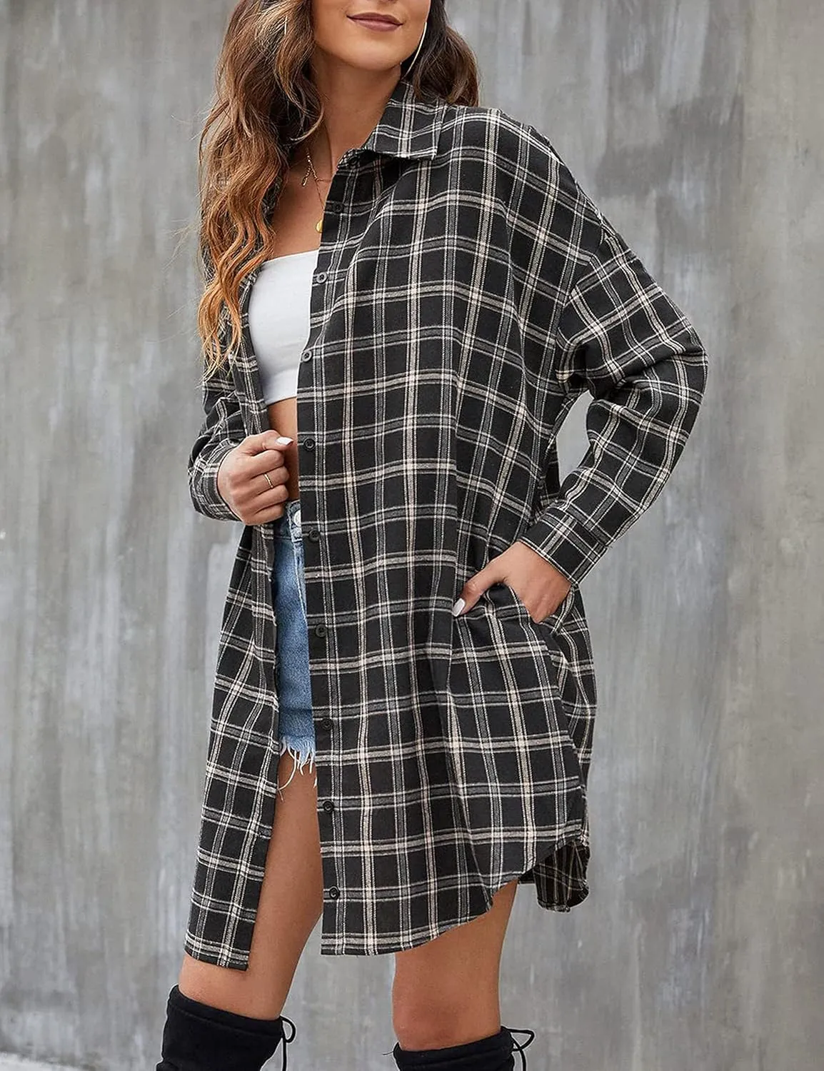 Bozanly Women's Oversized Button Down Long Plaid Flannel Shirts Lapel Long Sleeve Check Jacket Shacket