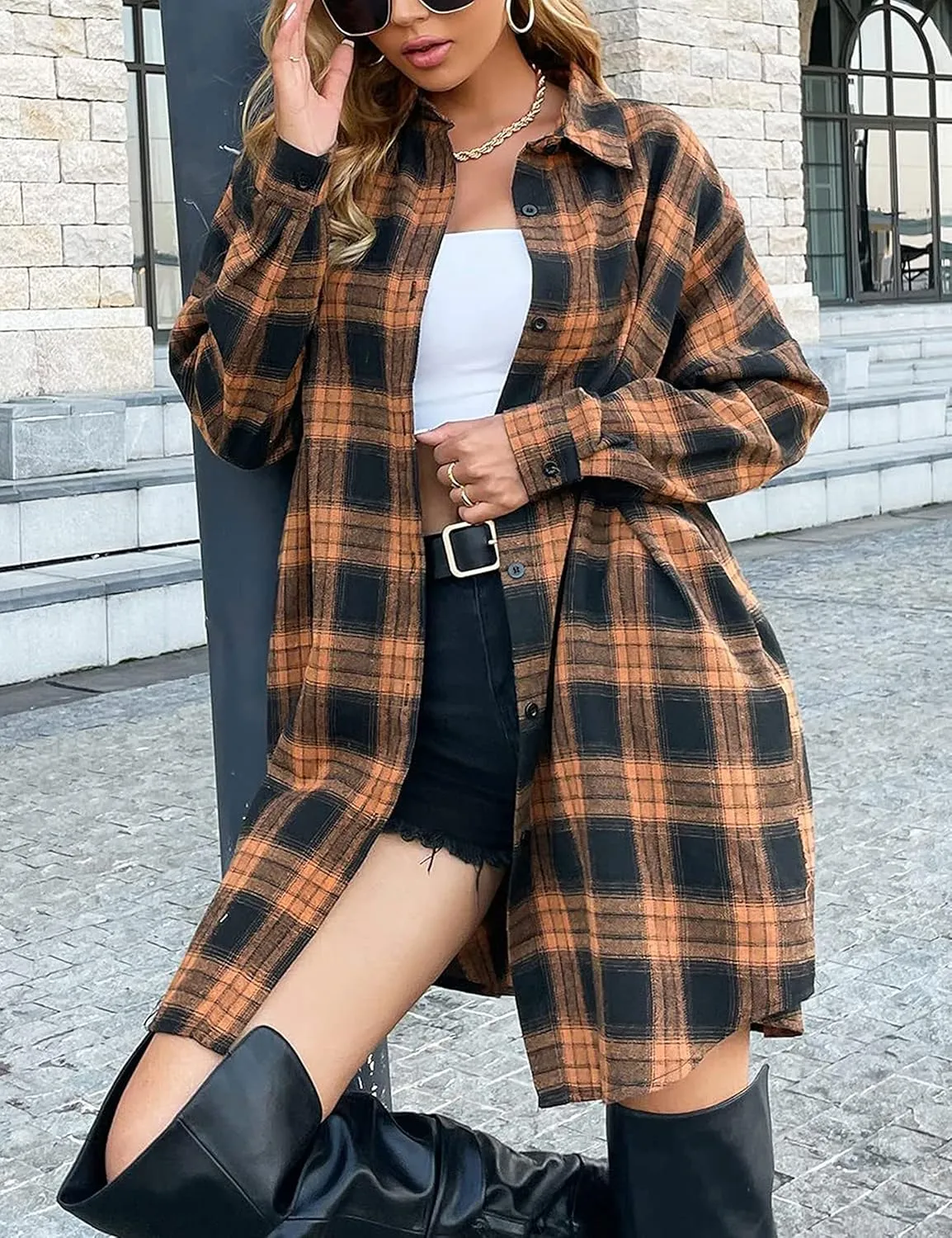Bozanly Women's Oversized Button Down Long Plaid Flannel Shirts Lapel Long Sleeve Check Jacket Shacket