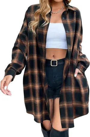 Bozanly Women's Oversized Button Down Long Plaid Flannel Shirts Lapel Long Sleeve Check Jacket Shacket