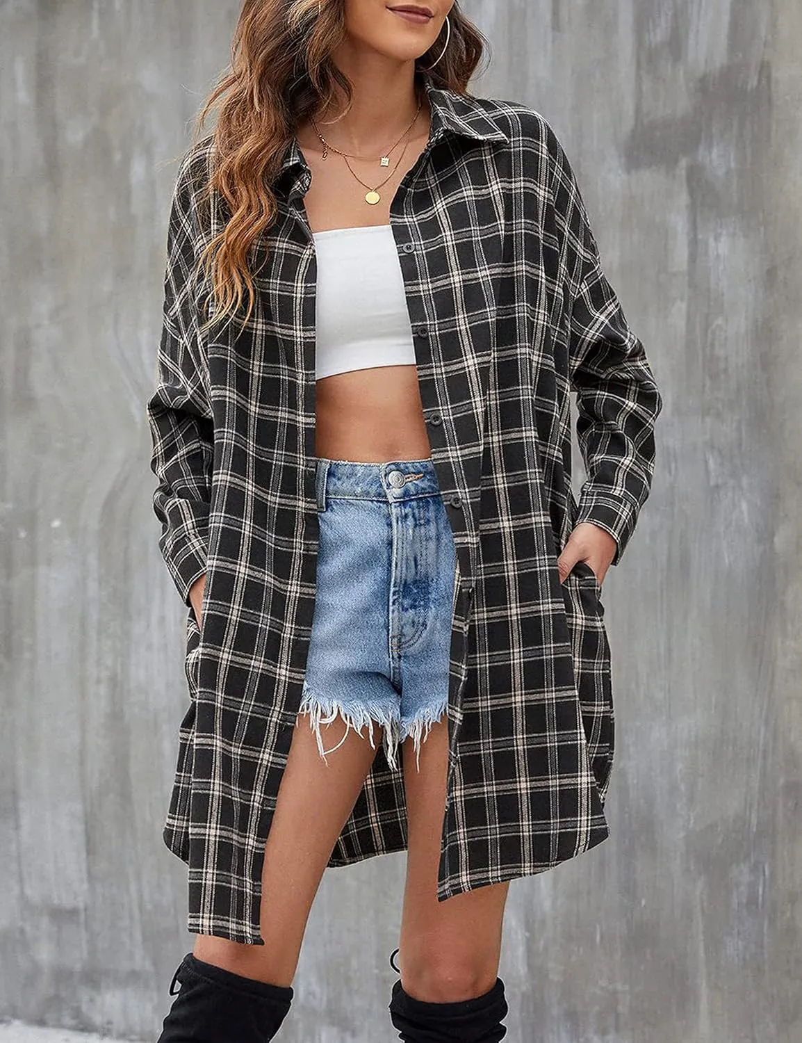 Bozanly Women's Oversized Button Down Long Plaid Flannel Shirts Lapel Long Sleeve Check Jacket Shacket