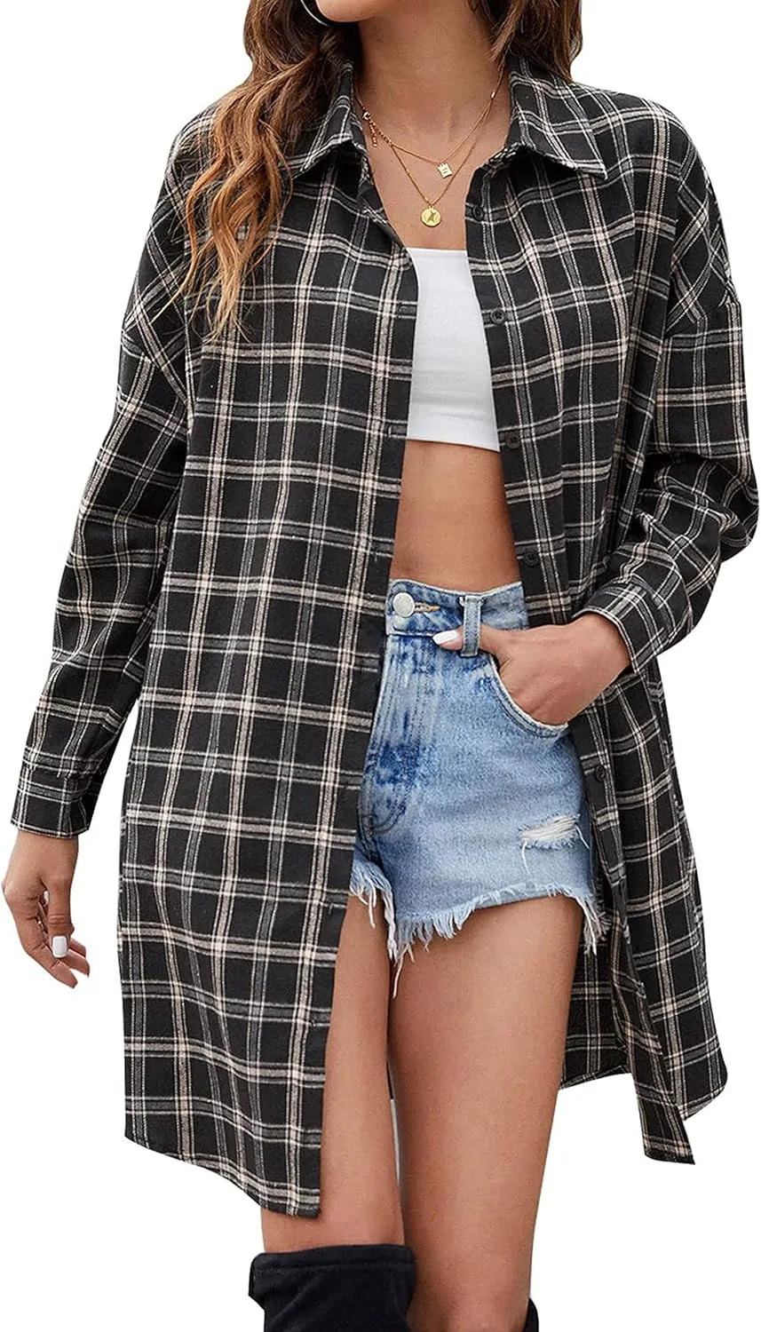 Bozanly Women's Oversized Button Down Long Plaid Flannel Shirts Lapel Long Sleeve Check Jacket Shacket