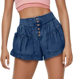 Button up Denim Shorts for Women 2025 Summer Casual Flowy High Waisted Wide Leg Pleated Jean Shorts with Pockets