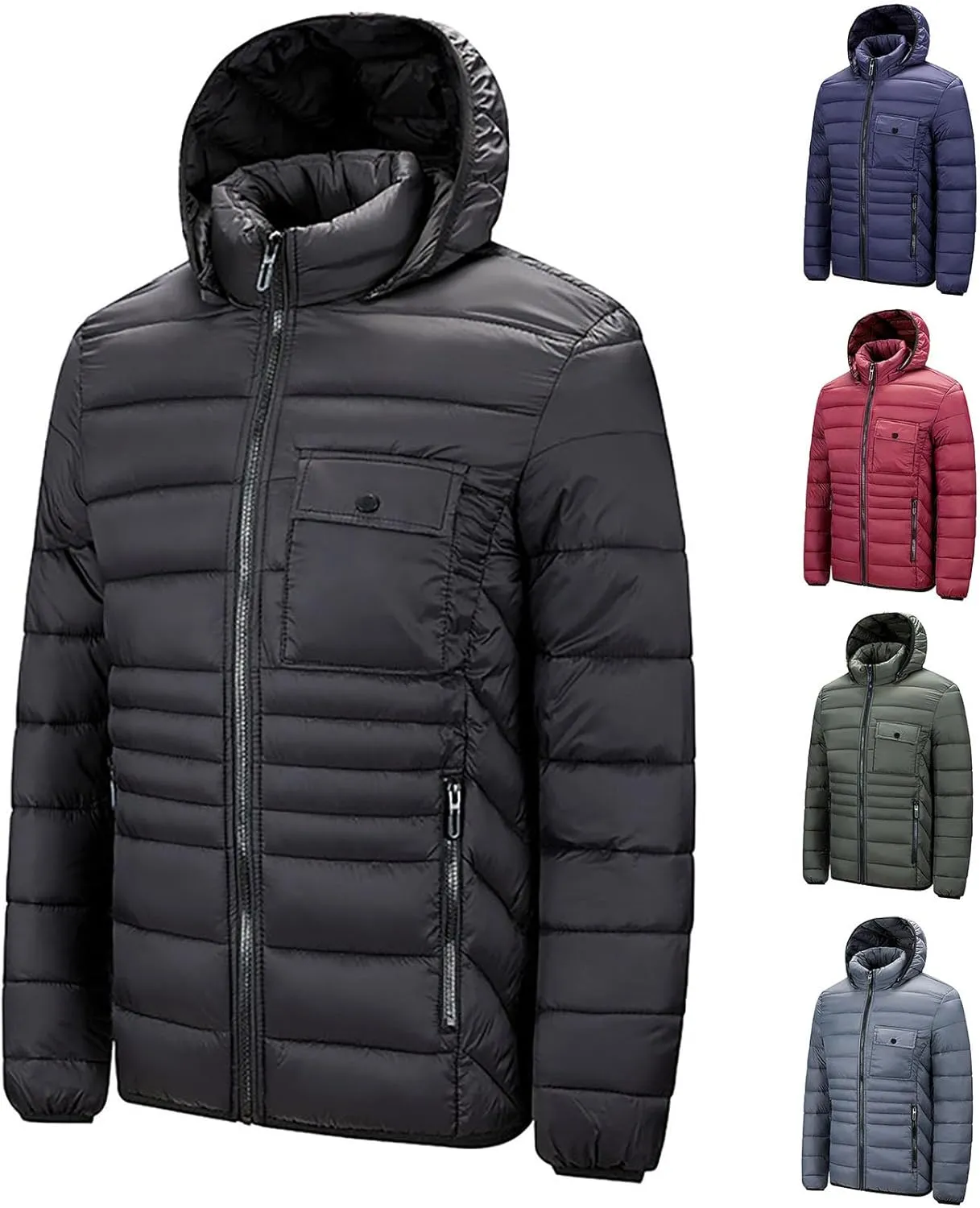 Cambkatl Big and Tall Men's Winter Puffer Down Jackets, Zip Up Warm Padded Quilted Insulated Coat with Hood & Pockets
