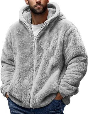 Cambkatl Men's Fuzzy Sherpa Hoodie Jacket Athletic Fleece Long Sleeve Loose Soft Zip Up Hooded Sweatshirt Sports Coat