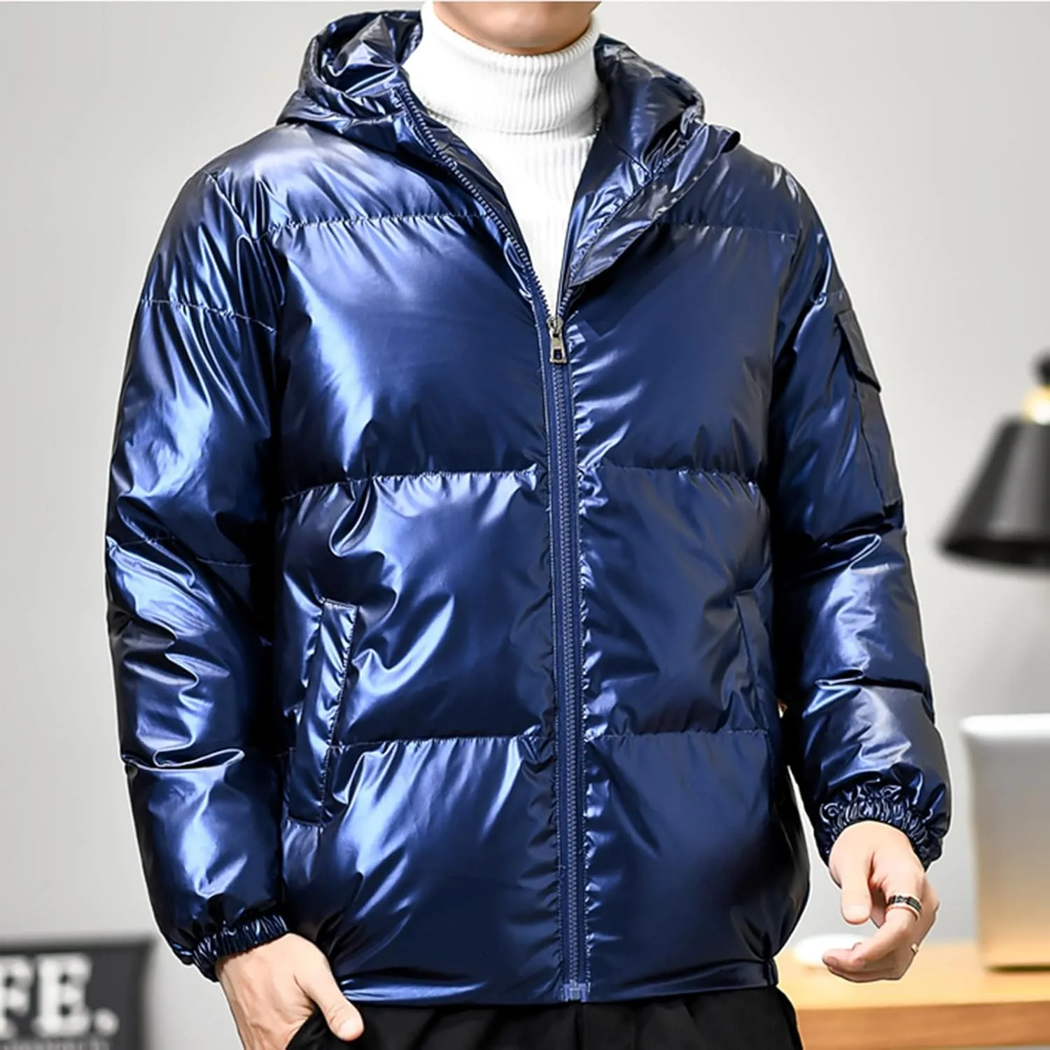 Cambkatl Men's Glossy Padded Winter Coat Metallic Full Zip Down Quilted Puffer Jacket Warm Plus Size Shiny Puffy Outerwear