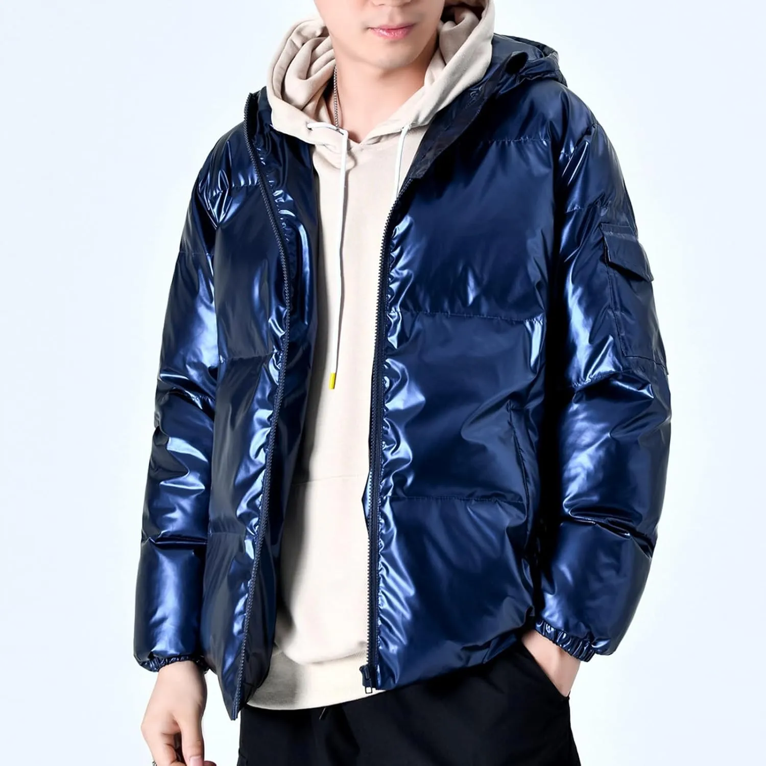 Cambkatl Men's Glossy Padded Winter Coat Metallic Full Zip Down Quilted Puffer Jacket Warm Plus Size Shiny Puffy Outerwear