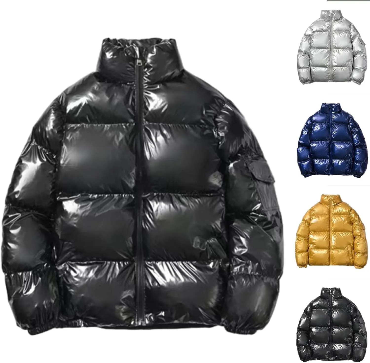 Cambkatl Men's Glossy Padded Winter Coat Metallic Full Zip Down Quilted Puffer Jacket Warm Plus Size Shiny Puffy Outerwear