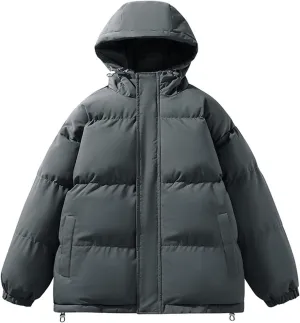 Cambkatl Men's Hooded Puffy Jacket, Full Zip Padded Down Winter Quilted Coat Insulated Thermal Outerwear with Pockets