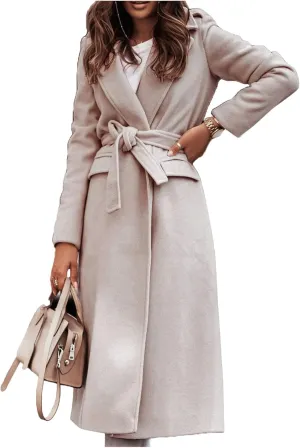 Canbebig Womens Trench Coat Wool Blend Wrap Coat Casual Lapel Jackets Long Pea Coat Warm Winter Coat with Belt and Pockets