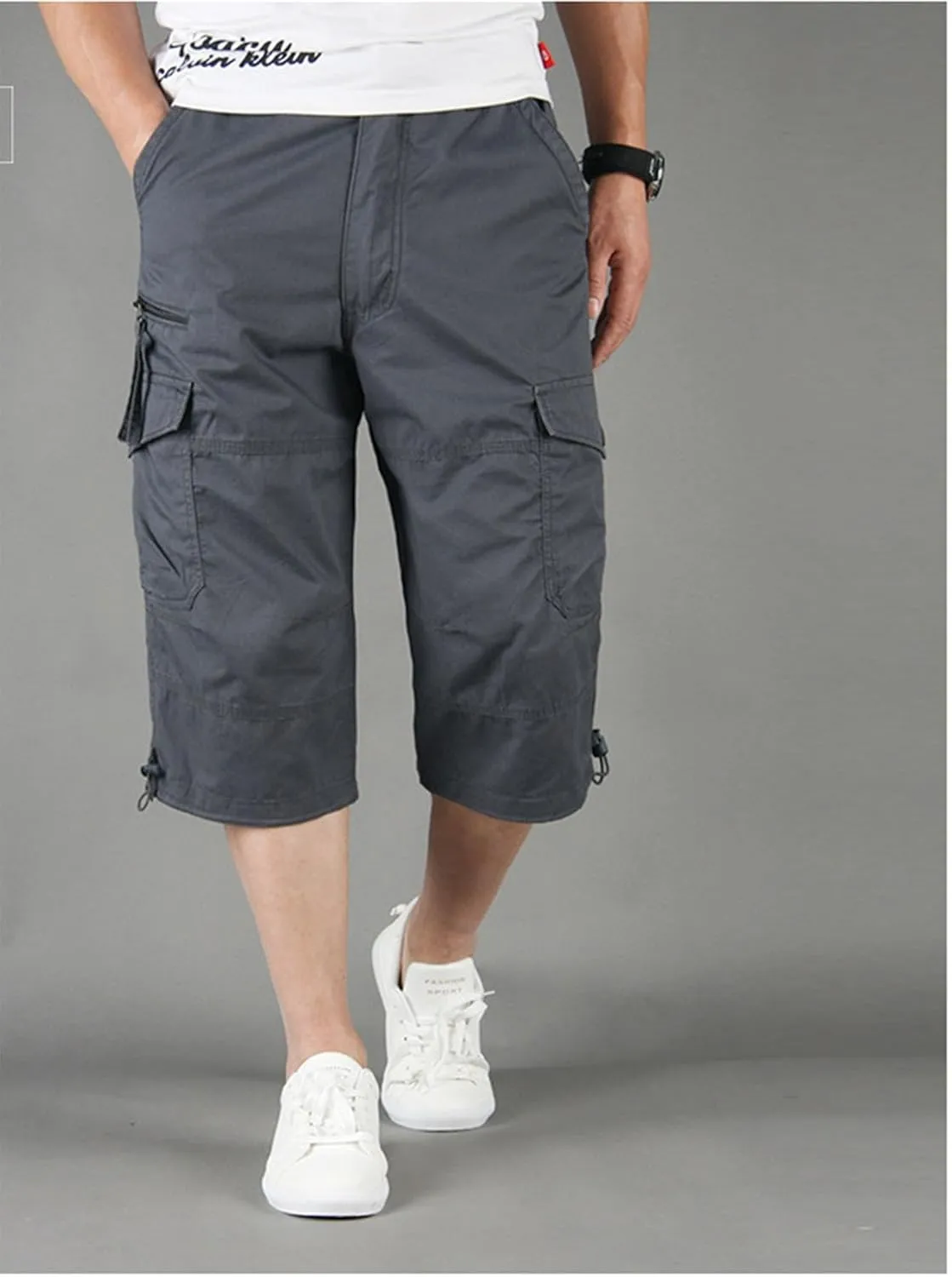 Capri Long Twill Cargo Shorts for Big Tall Men Classic Cotton Below Knee Short Relaxed Fit Casual Multi-Pocket Shorts