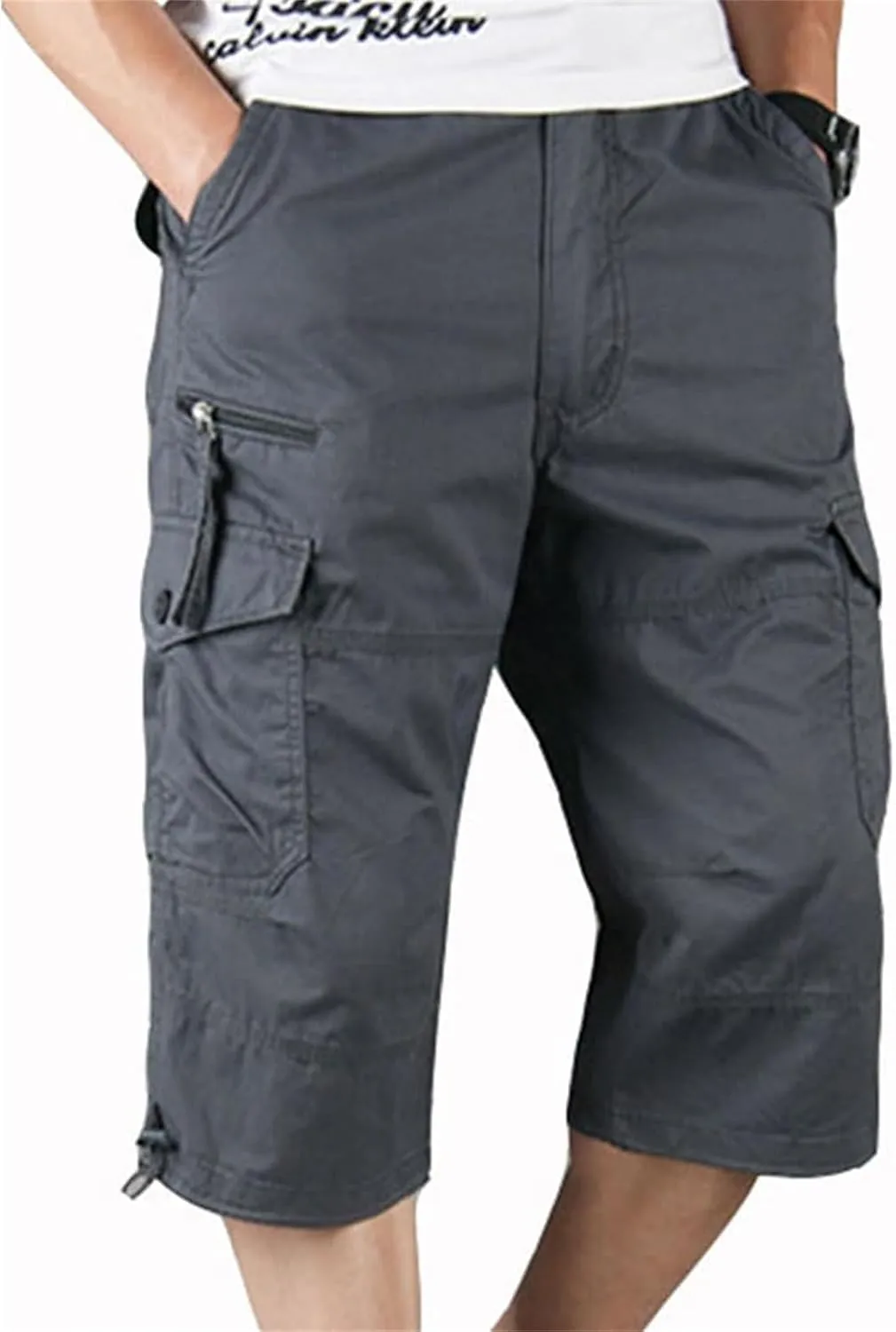 Capri Long Twill Cargo Shorts for Big Tall Men Classic Cotton Below Knee Short Relaxed Fit Casual Multi-Pocket Shorts