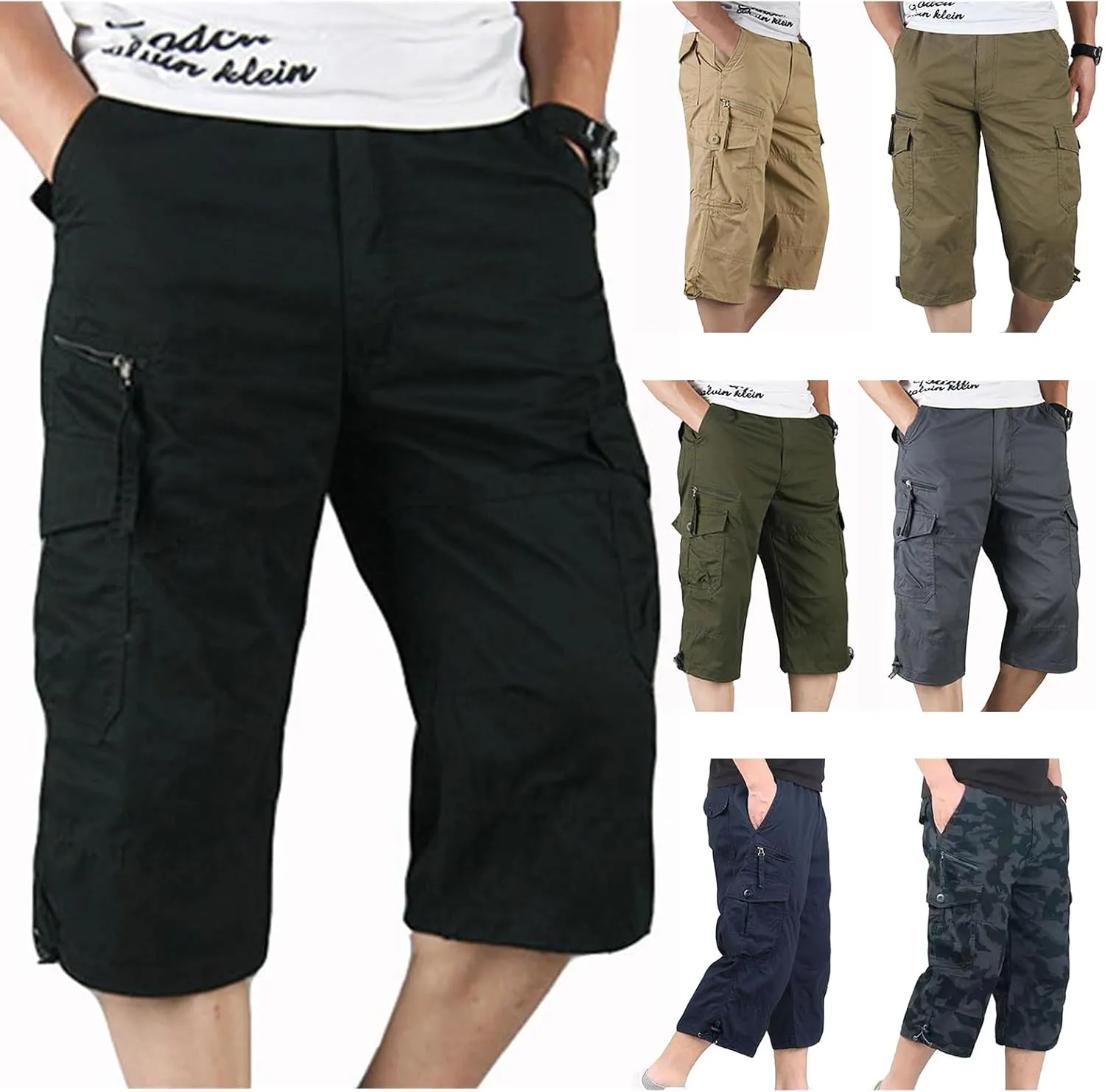 Capri Long Twill Cargo Shorts for Big Tall Men Classic Cotton Below Knee Short Relaxed Fit Casual Multi-Pocket Shorts