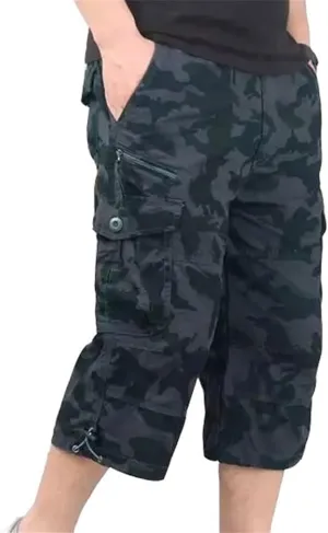 Capri Long Twill Cargo Shorts for Big Tall Men Classic Cotton Below Knee Short Relaxed Fit Casual Multi-Pocket Shorts