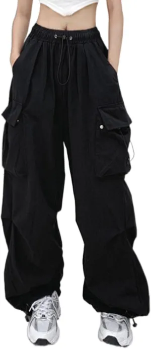Cargo Pants for Women Baggy Low Waist Drawstring Straight Wide Leg Trousers with Pockets Casual Jogger Teen Girls Classic Plus Size Blench 90S Hip Hop Y2K Clothes Black