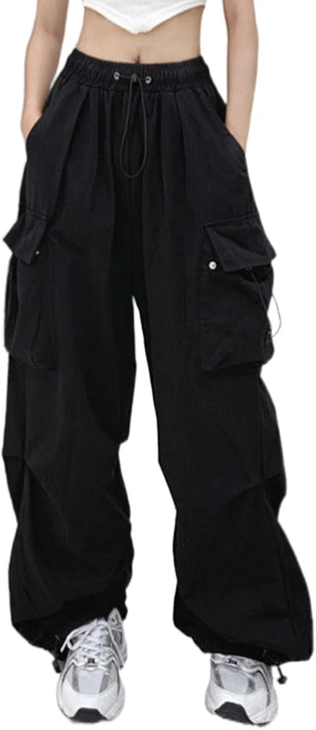 Cargo Pants for Women Baggy Low Waist Drawstring Straight Wide Leg Trousers with Pockets Casual Jogger Teen Girls Classic Plus Size Blench 90S Hip Hop Y2K Clothes Black