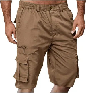 Cargo Shorts for Men Casual Fashion Solid Color Short with Multi-Pocket Button Zipper Elastic Waist Pants Outfits