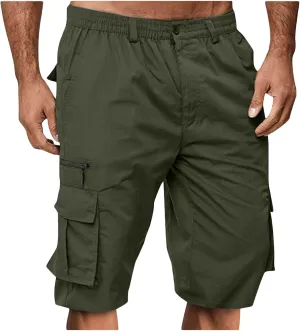 Cargo Shorts for Men Casual Fashion Solid Color Short with Multi-Pocket Button Zipper Elastic Waist Pants Outfits