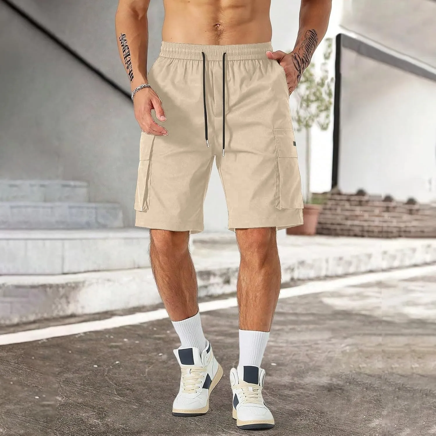 Cargo Shorts for Men Elastic Waist Drawstring Casual Pant 2025 Summer Relaxed Fit Comfy Work Shorts with Multi Pocket