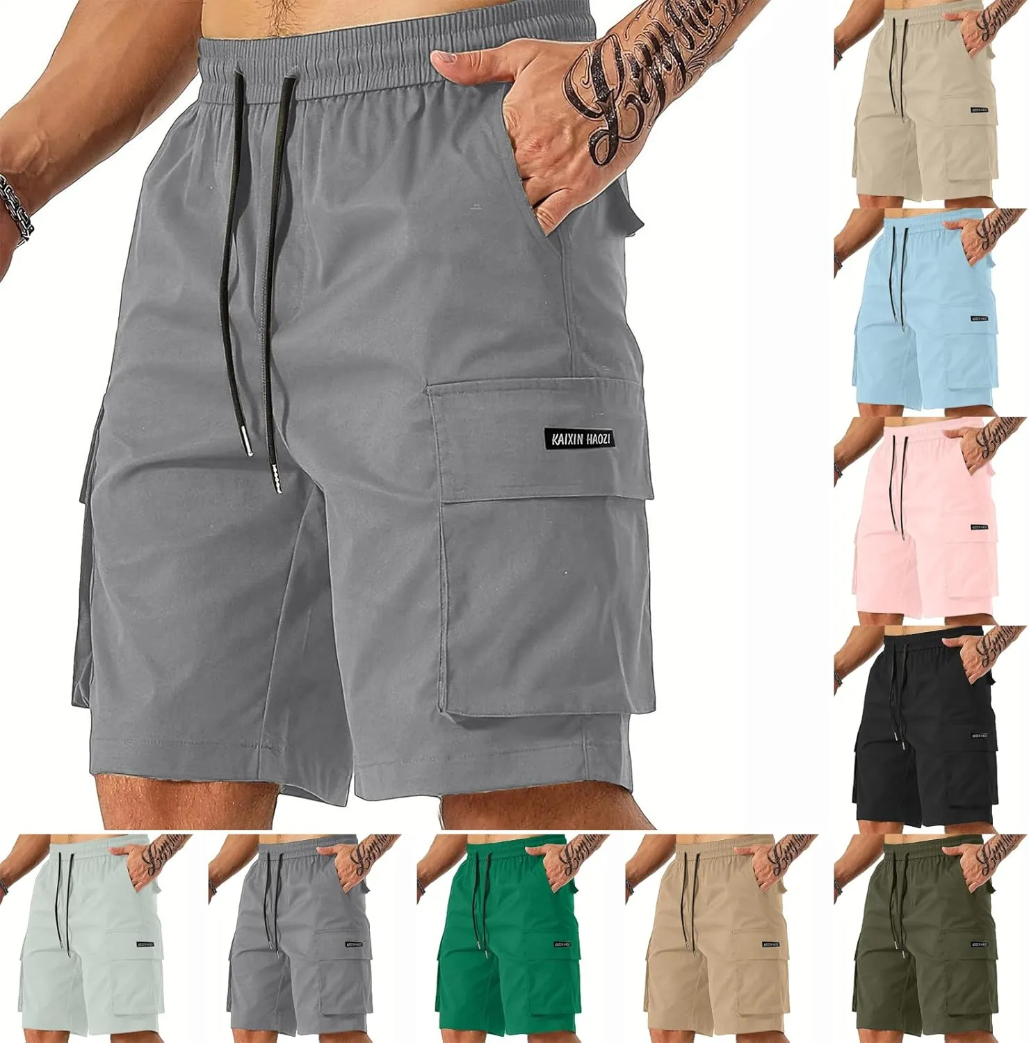 Cargo Shorts for Men Stretch Waist Drawstring Slim Fit Bermuda Hiking Shorts Big Tall Gym Golf Pants Multi Pockets