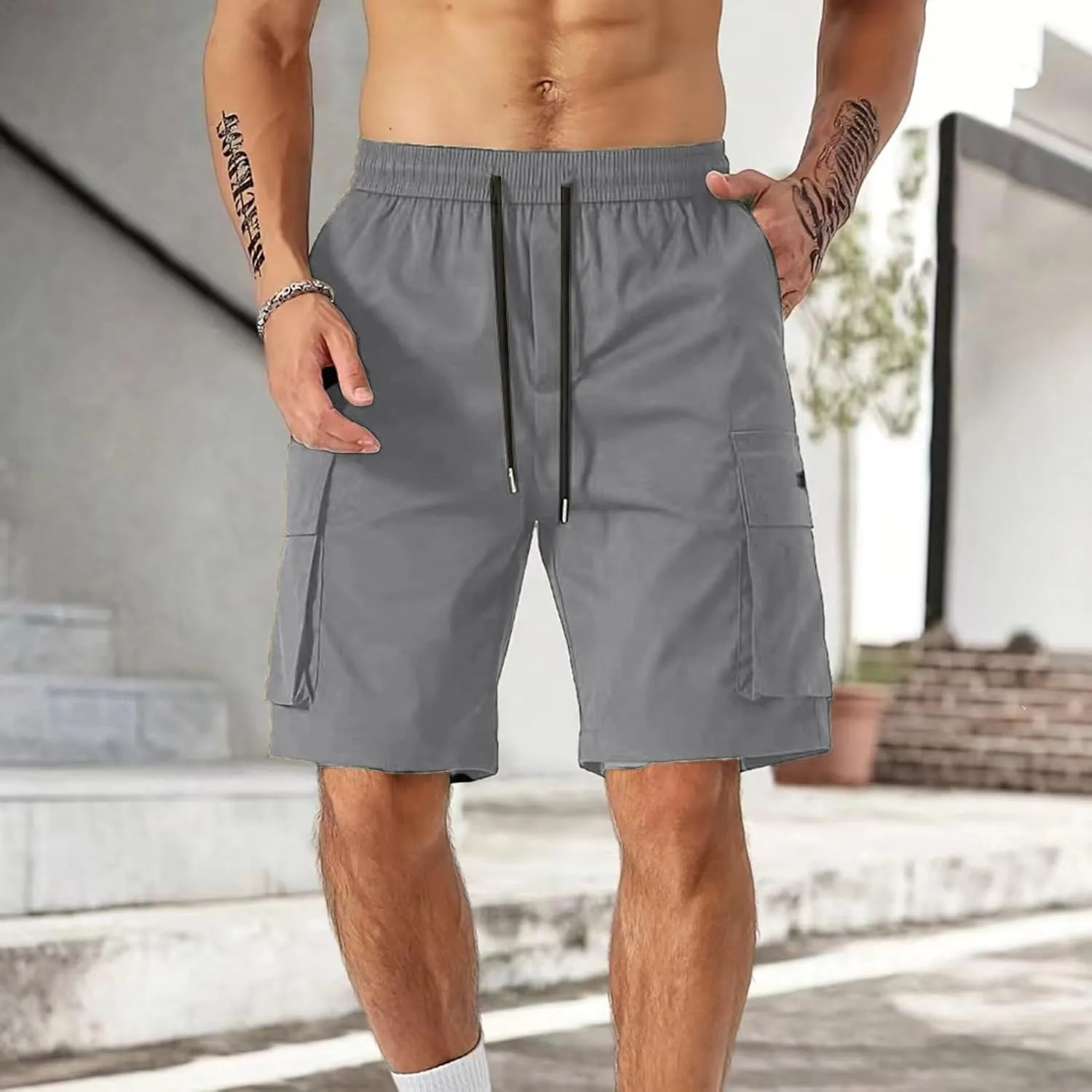 Cargo Shorts for Men Stretch Waist Drawstring Slim Fit Bermuda Hiking Shorts Big Tall Gym Golf Pants Multi Pockets