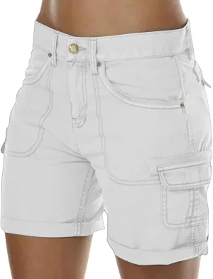 Cargo Shorts for Women Casual Summer High Waisted Jean Shorts with Pockets Knee Length Pull On Hiking Outfits