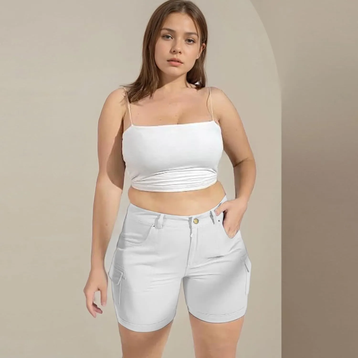 Cargo Shorts for Women Casual Summer High Waisted Jean Shorts with Pockets Knee Length Pull On Hiking Outfits