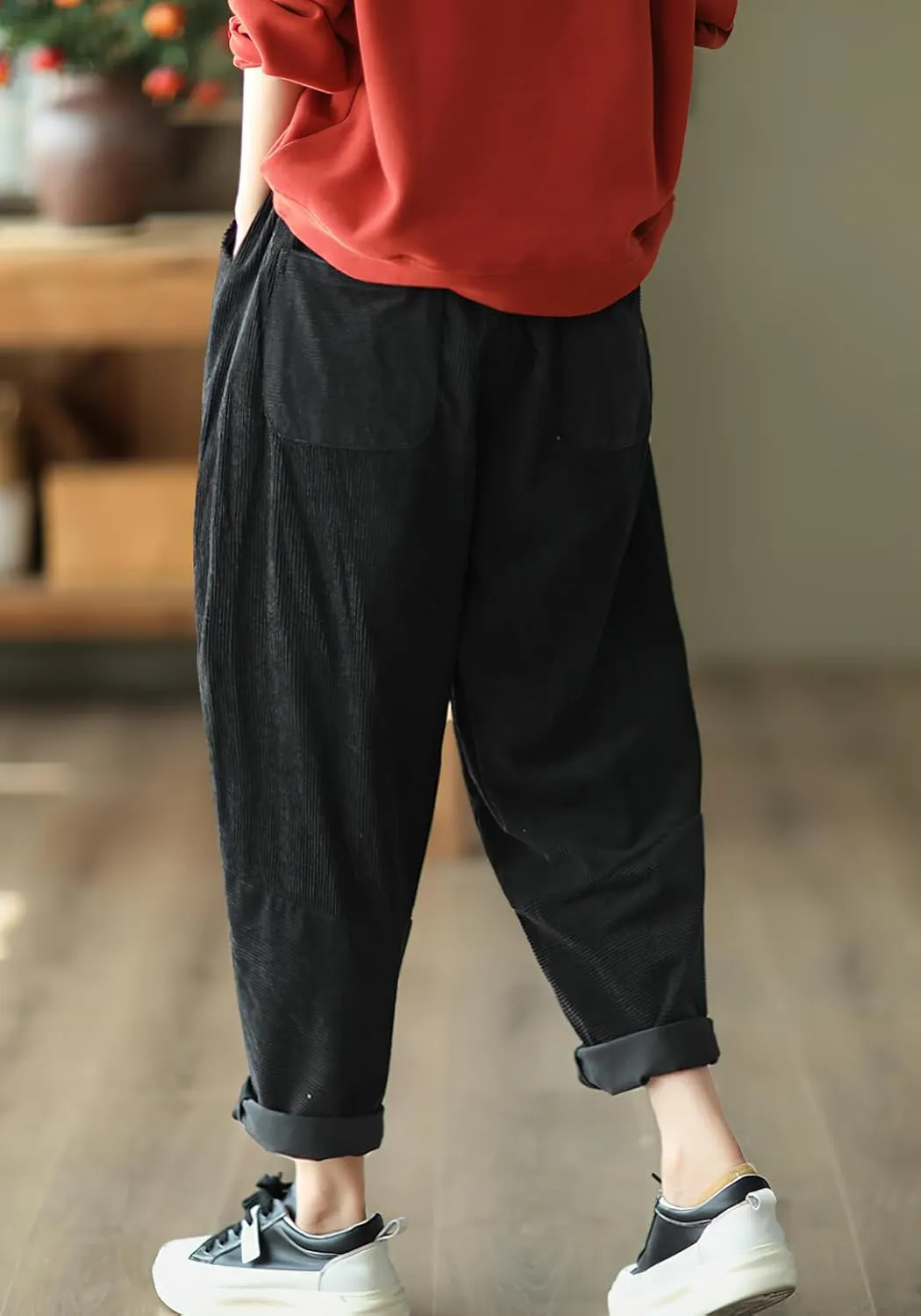chouyatou Womens Fall Winter Loose Corduroy Pants Elastic High Waisted Straight Leg Trouser with Pockets