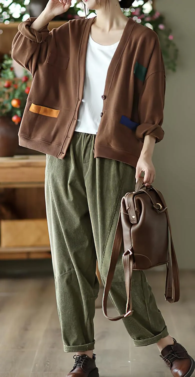 chouyatou Womens Fall Winter Loose Corduroy Pants Elastic High Waisted Straight Leg Trouser with Pockets