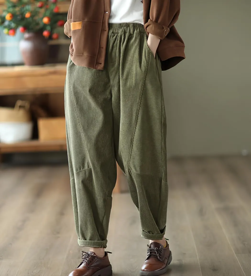 chouyatou Womens Fall Winter Loose Corduroy Pants Elastic High Waisted Straight Leg Trouser with Pockets