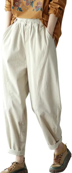 chouyatou Womens Fall Winter Loose Corduroy Pants Elastic High Waisted Straight Leg Trouser with Pockets