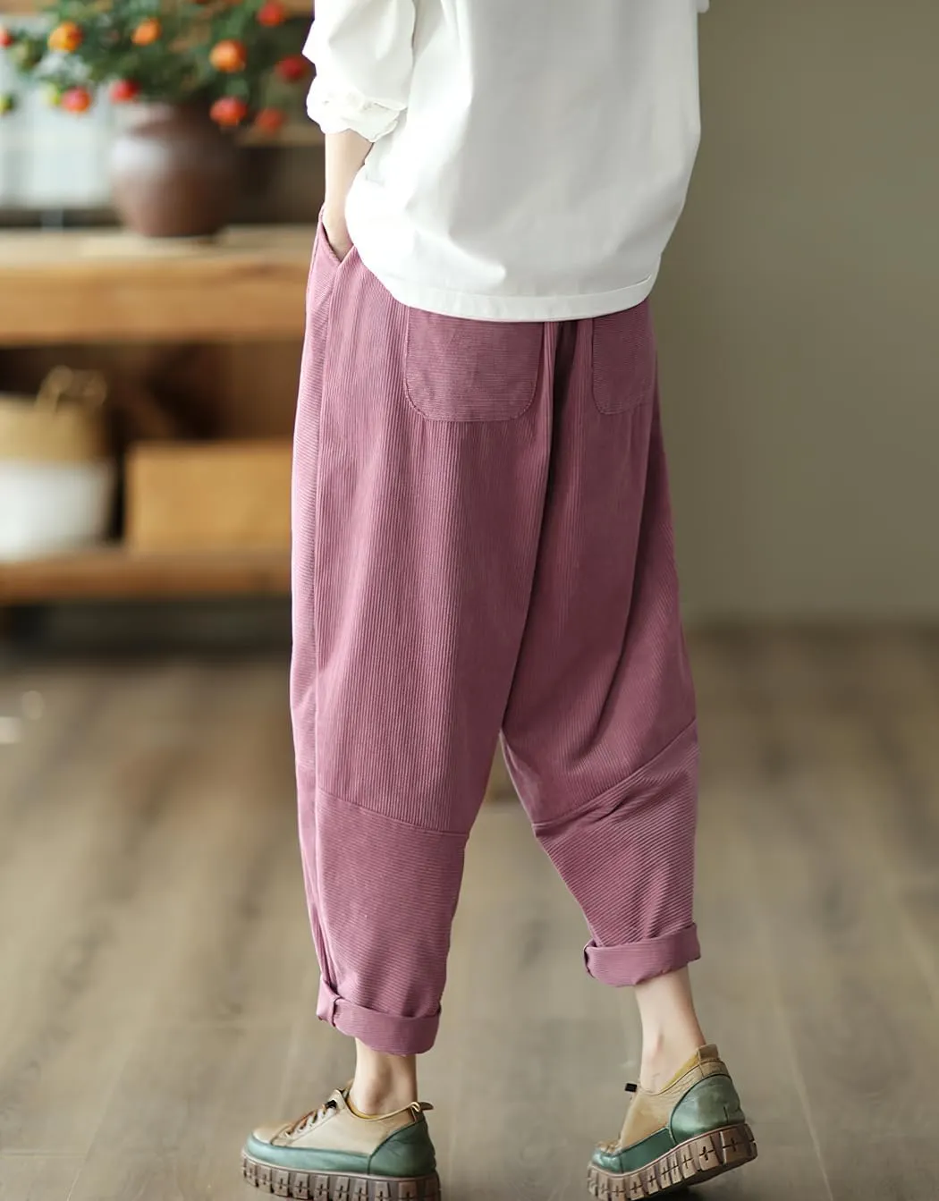 chouyatou Womens Fall Winter Loose Corduroy Pants Elastic High Waisted Straight Leg Trouser with Pockets