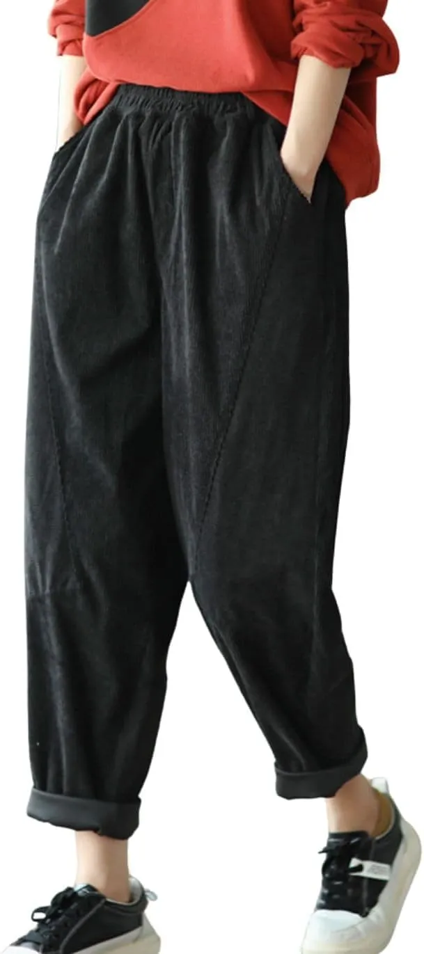 chouyatou Womens Fall Winter Loose Corduroy Pants Elastic High Waisted Straight Leg Trouser with Pockets