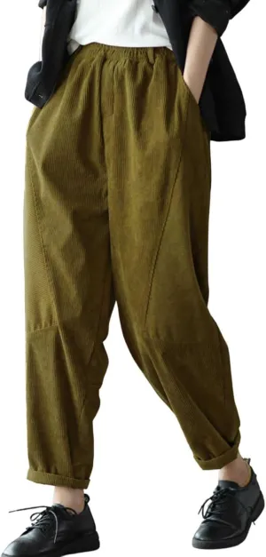 chouyatou Womens Fall Winter Loose Corduroy Pants Elastic High Waisted Straight Leg Trouser with Pockets