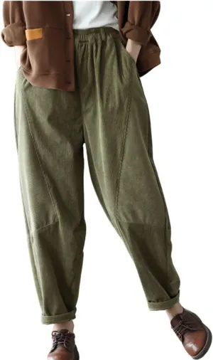 chouyatou Womens Fall Winter Loose Corduroy Pants Elastic High Waisted Straight Leg Trouser with Pockets