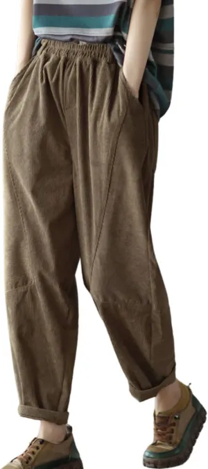 chouyatou Womens Fall Winter Loose Corduroy Pants Elastic High Waisted Straight Leg Trouser with Pockets