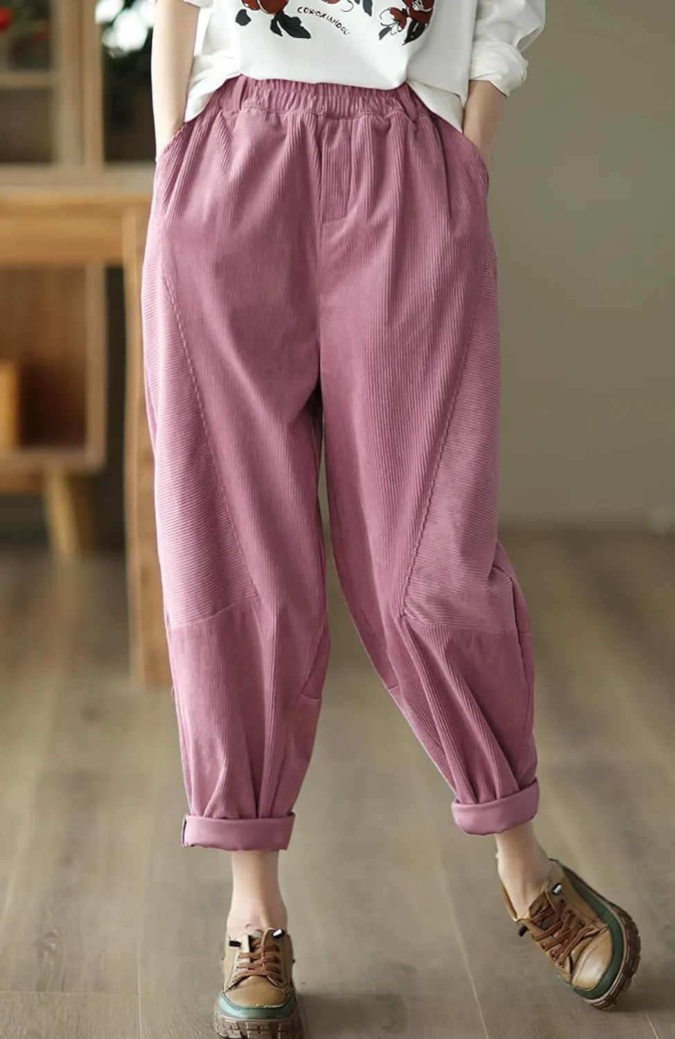 chouyatou Womens Fall Winter Loose Corduroy Pants Elastic High Waisted Straight Leg Trouser with Pockets