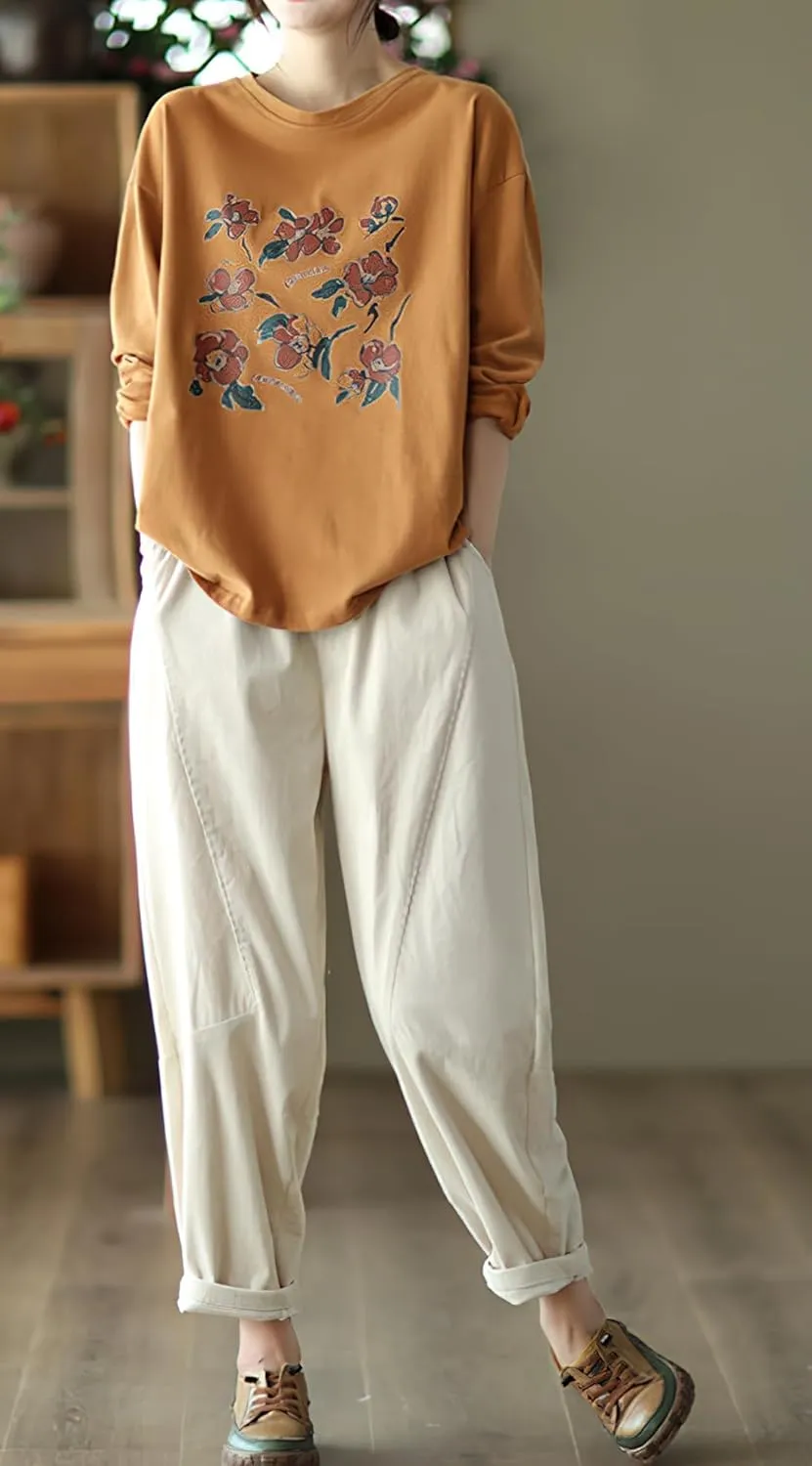 chouyatou Womens Fall Winter Loose Corduroy Pants Elastic High Waisted Straight Leg Trouser with Pockets