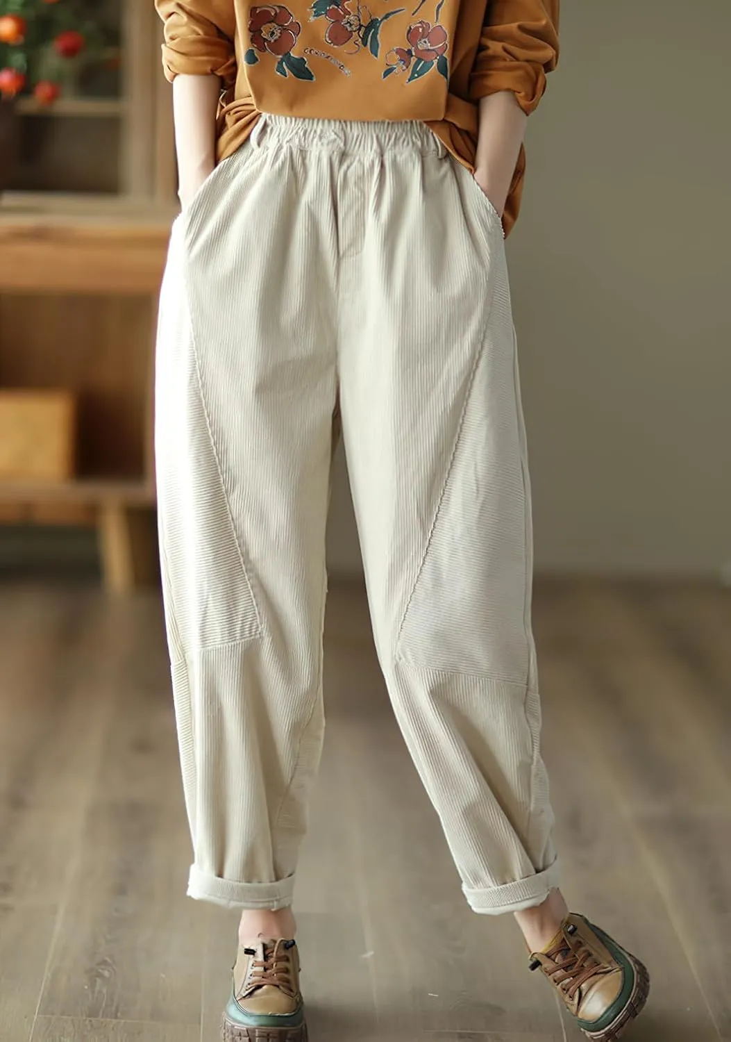 chouyatou Womens Fall Winter Loose Corduroy Pants Elastic High Waisted Straight Leg Trouser with Pockets