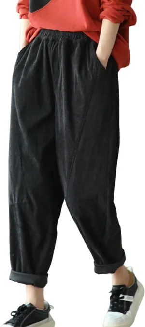 chouyatou Womens Fall Winter Loose Corduroy Pants Elastic High Waisted Straight Leg Trouser with Pockets