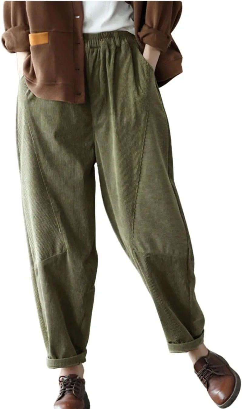 chouyatou Womens Fall Winter Loose Corduroy Pants Elastic High Waisted Straight Leg Trouser with Pockets