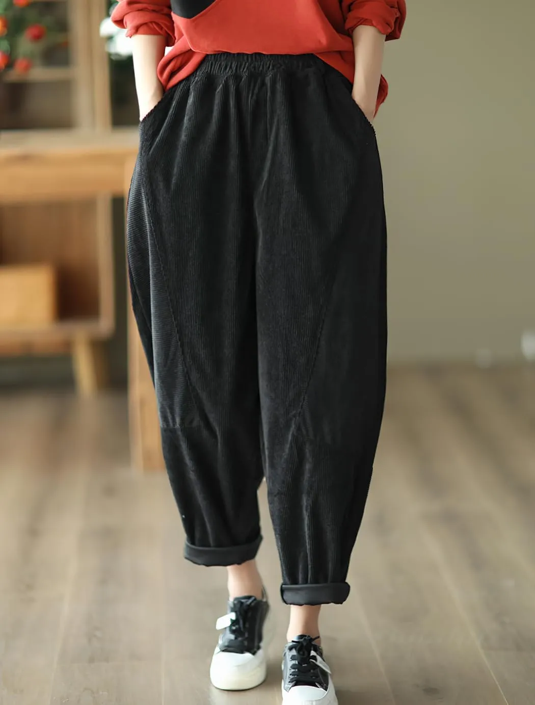 chouyatou Womens Fall Winter Loose Corduroy Pants Elastic High Waisted Straight Leg Trouser with Pockets
