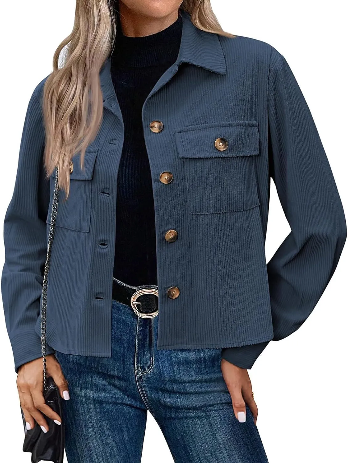 Corduroy Jacket Women Trendy Button Down Shacket Cropped Jacket Soft Long Sleeve Fall Outerwear with Pockets