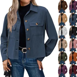 Corduroy Jacket Women Trendy Button Down Shacket Cropped Jacket Soft Long Sleeve Fall Outerwear with Pockets