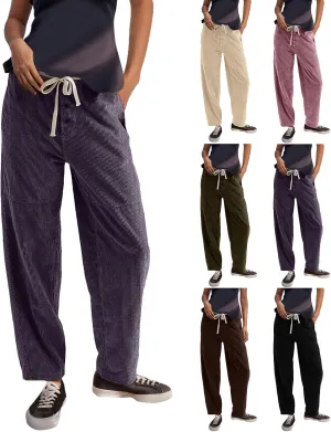 Corduroy Pants Women Drawstring Elastic Waist Wide Leg Work Pants Casual Baggy Barrel Trousers Pants with Pockets
