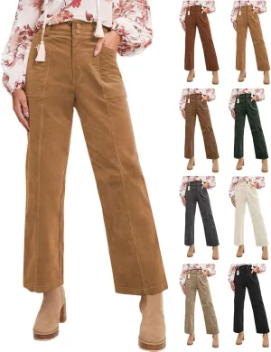 Corduroy Pants Women Trendy Straight Leg High Waisted Work Pants Trousers Fall Elastic Waist Pants with Pockets