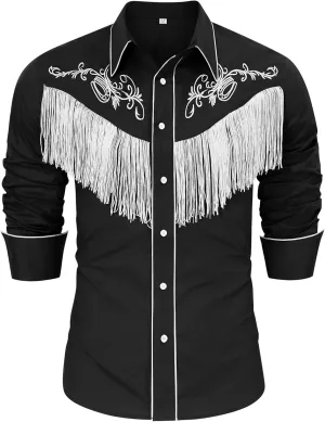 CORSKI Men's Cowboy Costume Western Long Sleeve Casual Fringe Hippie Slim Fit Button Down Shirt