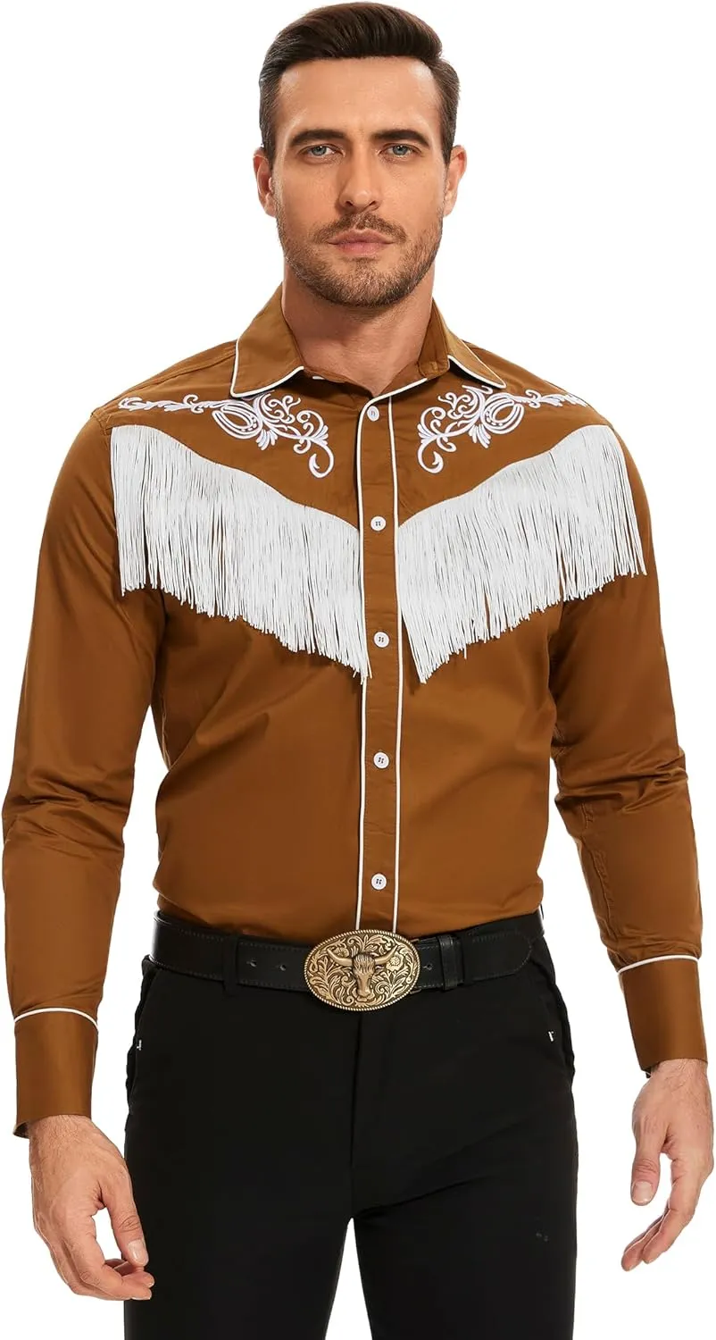 CORSKI Men's Cowboy Costume Western Long Sleeve Casual Fringe Hippie Slim Fit Button Down Shirt