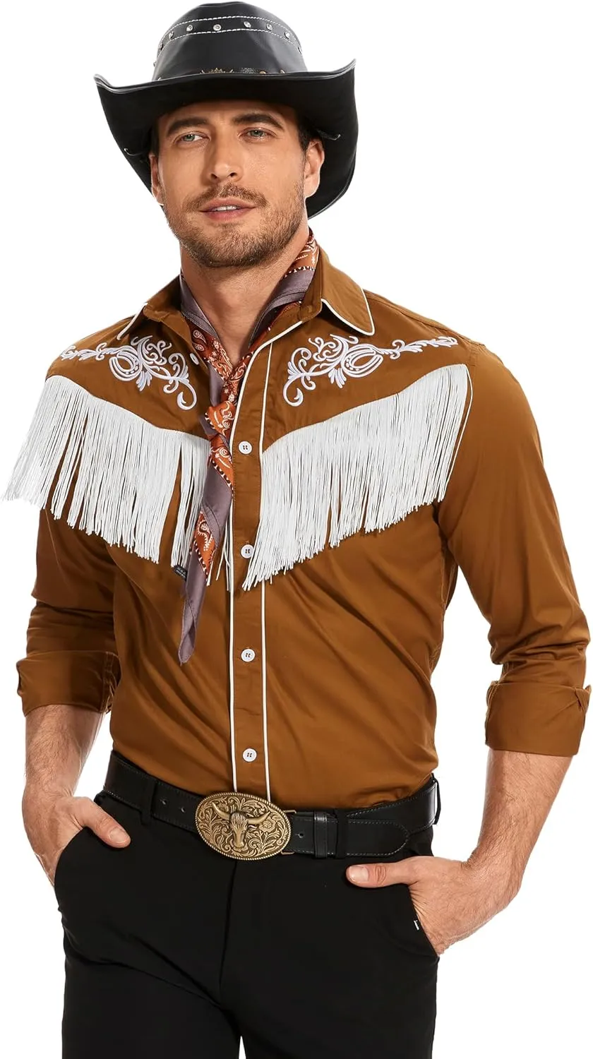 CORSKI Men's Cowboy Costume Western Long Sleeve Casual Fringe Hippie Slim Fit Button Down Shirt