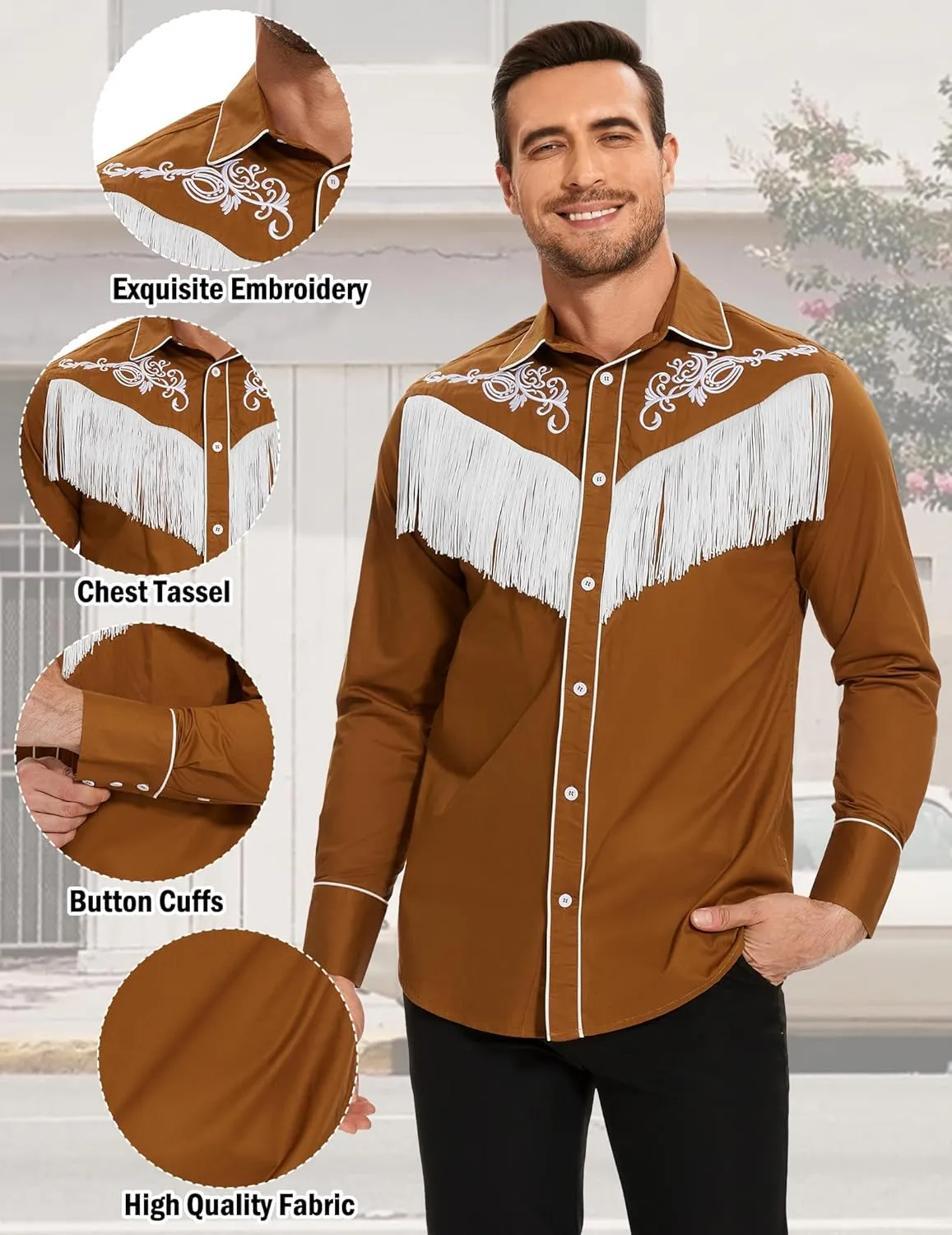 CORSKI Men's Cowboy Costume Western Long Sleeve Casual Fringe Hippie Slim Fit Button Down Shirt
